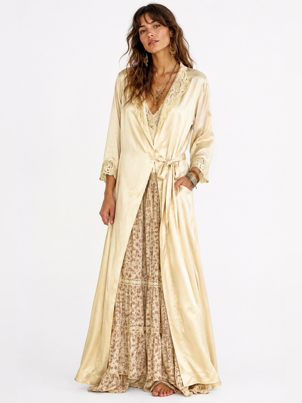 Boho Satin Butter Yellow Duster Romantic Lace Embroidered Vintage Nightgown